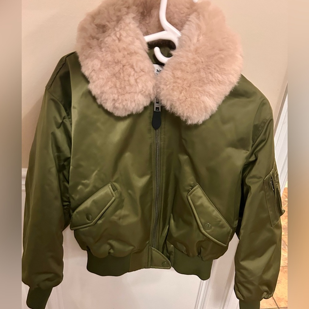 Coach Olive Bomber Jacket with Plush Pink Collar